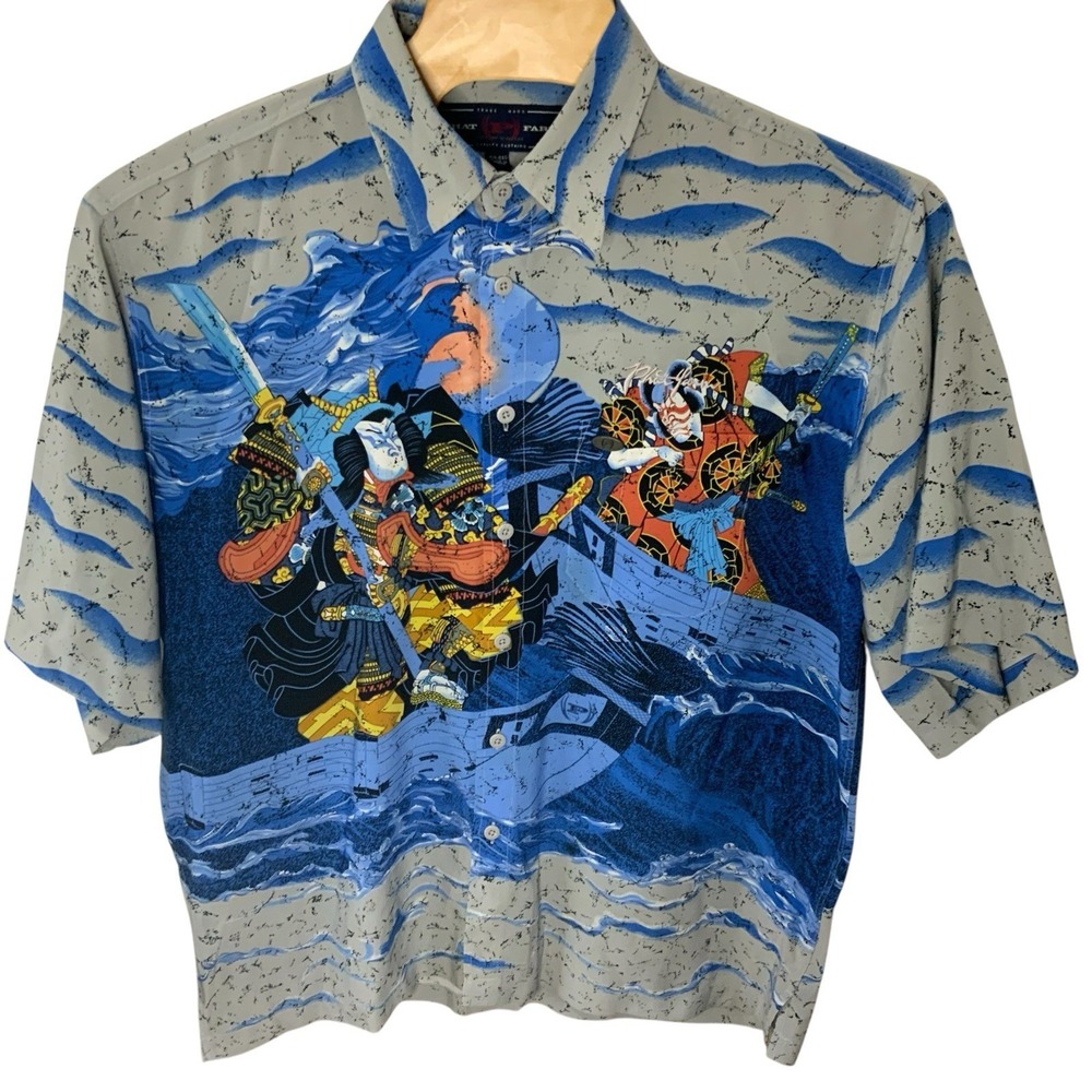 Phat Farm Samurai Warrior Graphic Shirt Mens XXL  Blue Short Sleeve Vintage 2XL